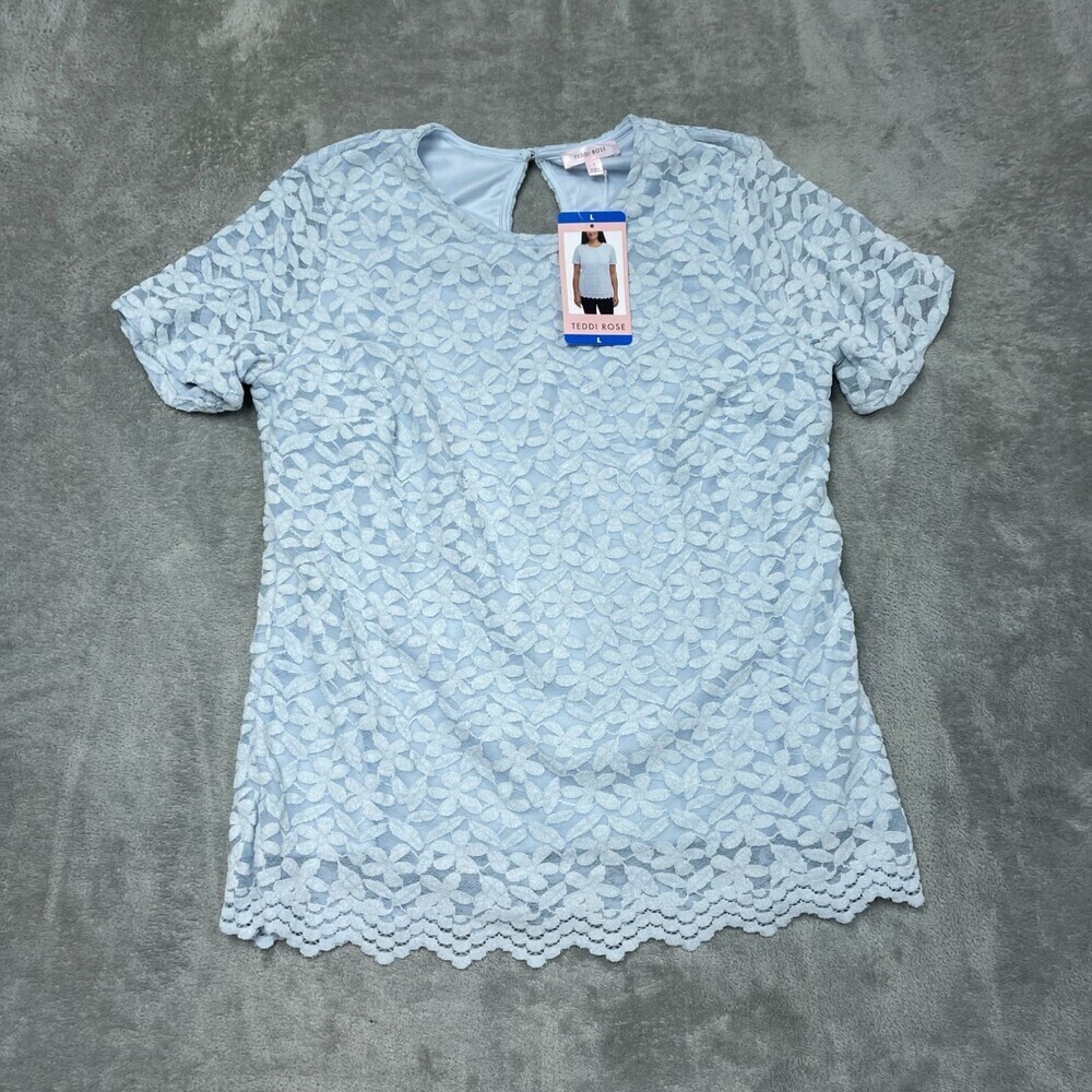 Teddi Rose Women’s Blue Floral Lace Short Sleeve Top Size L a1551